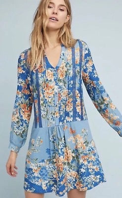Anthropologie x Tiny Blue Floral Lace Trim Pintuck Mini Dress | Size Medium