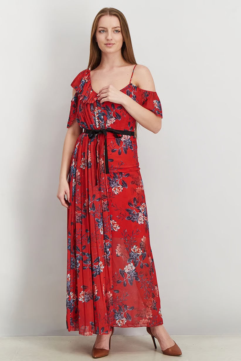 French Connection Red Floral Asymmetrical Sleeve Strappy Dress | Size 10