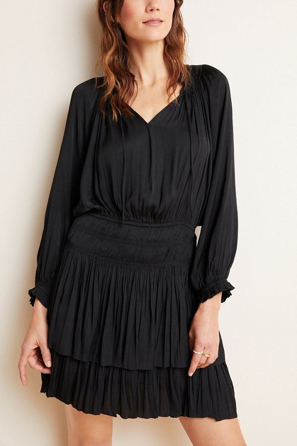 Reset by Jane Kate Satin Smocked Long Sleeve Mini Dress in Black | Size Small