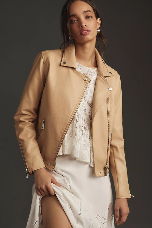 Anthropologie Saige Beige Faux Leather Moto Jacket | Size Medium