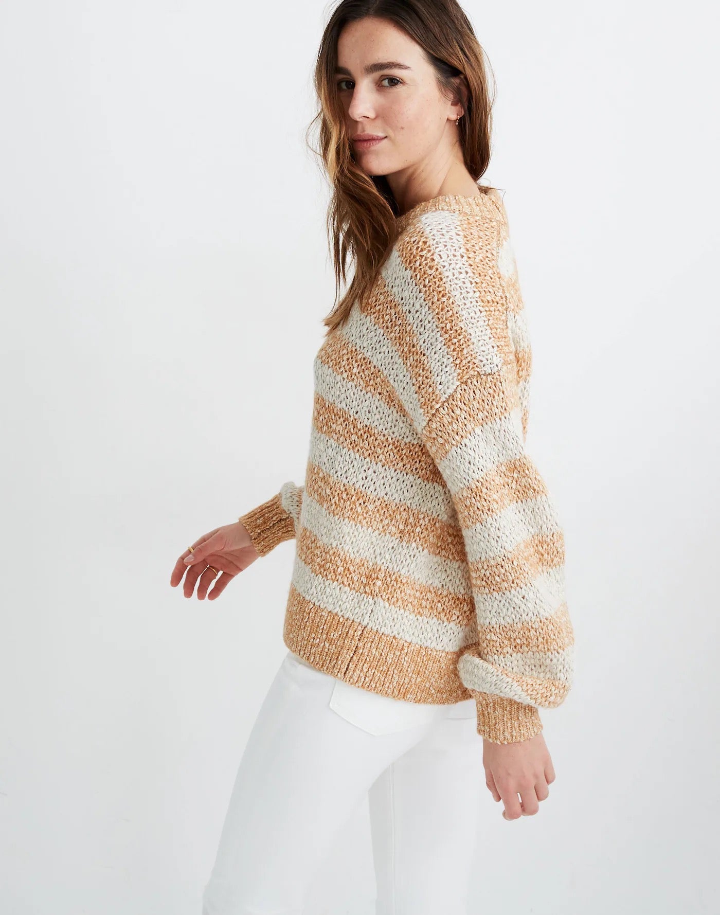 Madewell Baez Pullover Sweater in Marled Caramel Stripe | Size XS