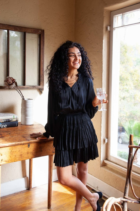 Reset by Jane Kate Satin Smocked Long Sleeve Mini Dress in Black | Size Small