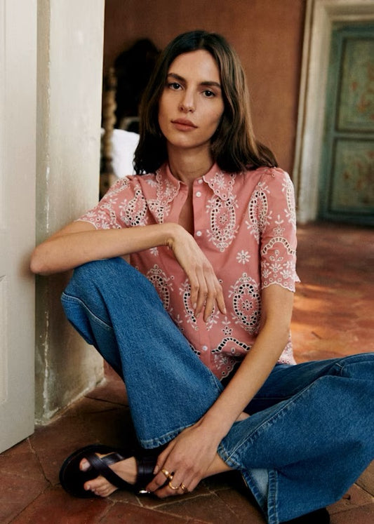 Sezane Elvira Organic Cotton Blouse in Pink Eyelet Embroidery | Size 38 (Medium)
