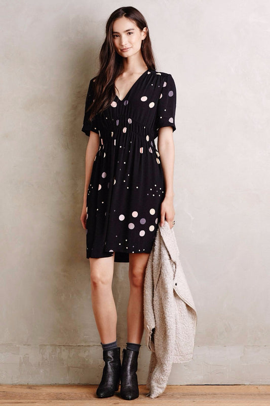 Anthropologie HD in Paris Felicity Mini Dress in Black with Metallic Polka Dots