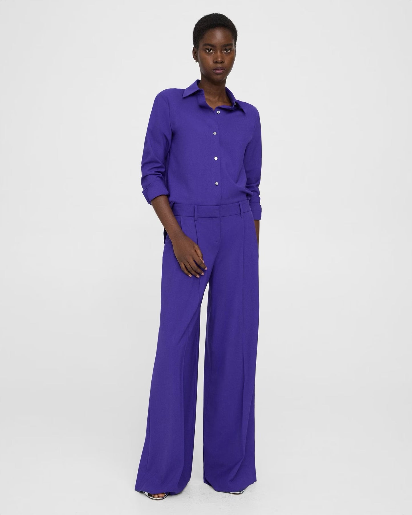 Theory Pleated Low-Rise Wide Leg Pant in Good Wool - Blue Iris (Purple) | Size 2