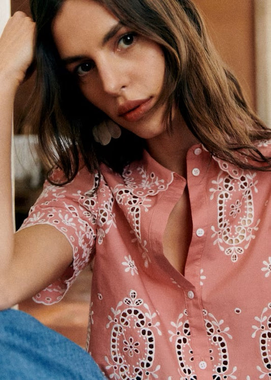 Sezane Elvira Organic Cotton Blouse in Pink Eyelet Embroidery | Size 38 (Medium)