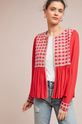 Anthropologie Red Embroidered Peplum Open Jacket | Size 2