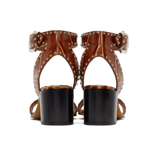 Givenchy Brown Crocodile Studded Ankle Strap Block Heel Sandals | Size 38.5