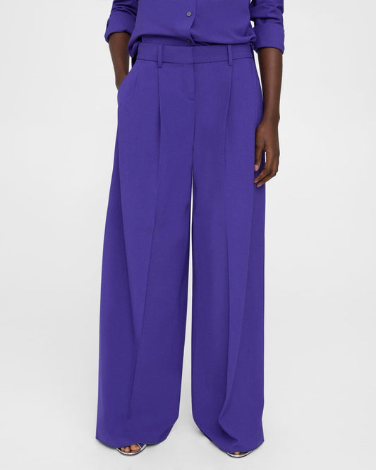 Theory Pleated Low-Rise Wide Leg Pant in Good Wool - Blue Iris (Purple) | Size 2