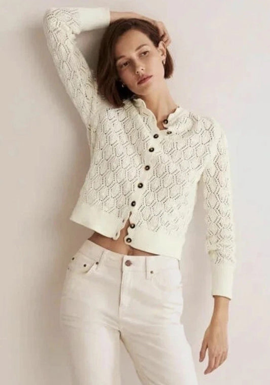 Boden Ivory White Pointelle Cotton Knit Button Front Cardigan | Size 10