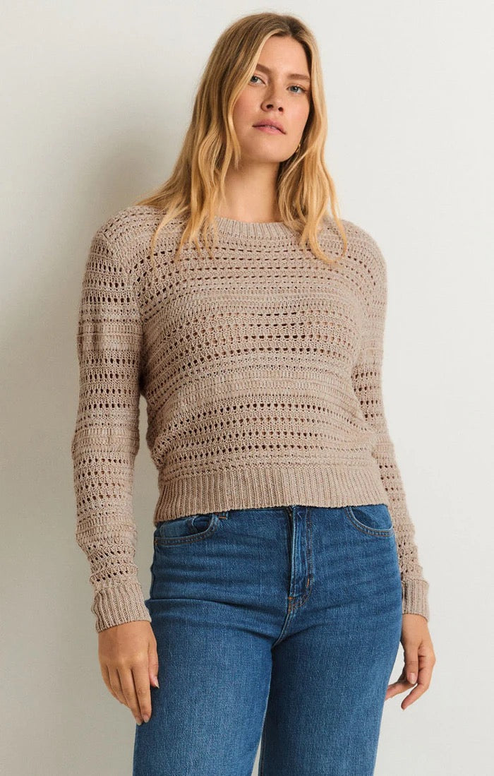 Z Supply Montalvo Crew Neck Crochet Sweater in Natural Brown | Size Large