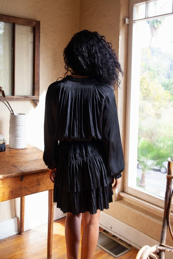 Reset by Jane Kate Satin Smocked Long Sleeve Mini Dress in Black | Size Small