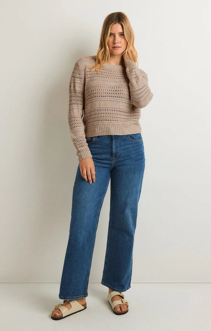 Z Supply Montalvo Crew Neck Crochet Sweater in Natural Brown | Size Large