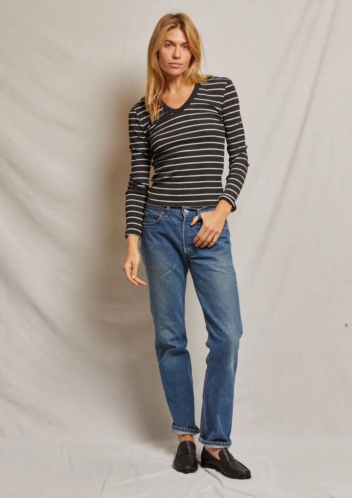 Perfect White Tee Robyn Ribbed Black and White Striped Long Sleeve | Size XS