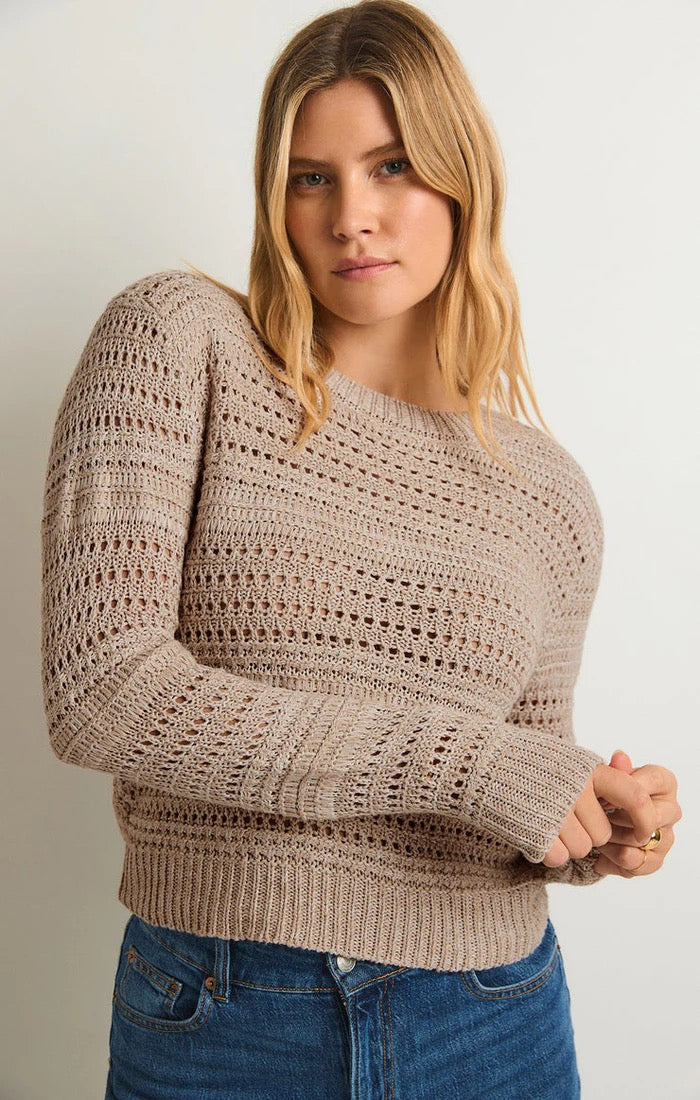 Z Supply Montalvo Crew Neck Crochet Sweater in Natural Brown | Size Large