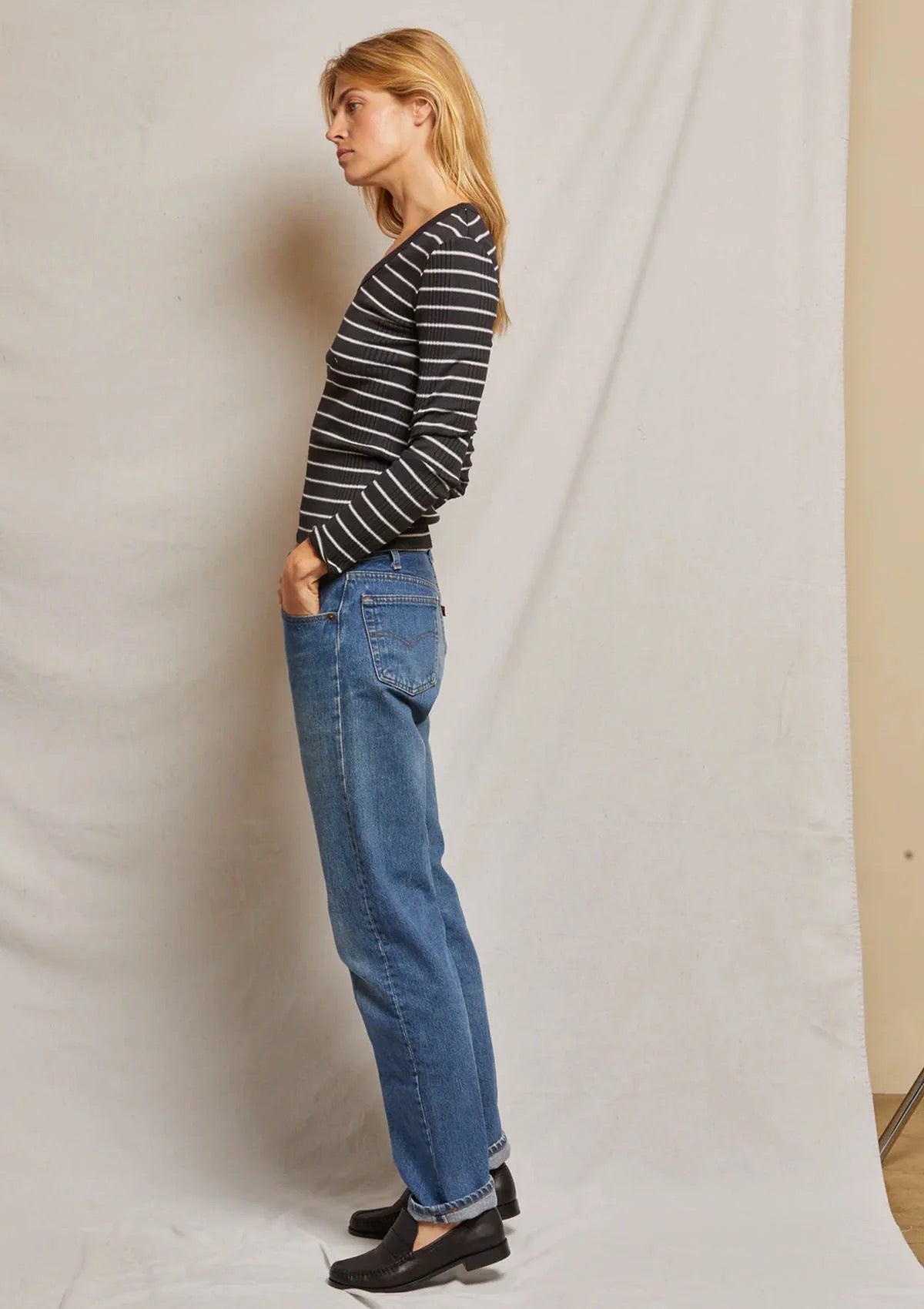 Perfect White Tee Robyn Ribbed Black and White Striped Long Sleeve | Size XS