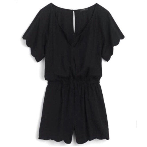 J. Crew Scalloped Black Romper with Drawstring Waist | Size XXXS