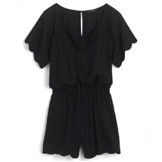 J. Crew Scalloped Black Romper with Drawstring Waist | Size XXXS
