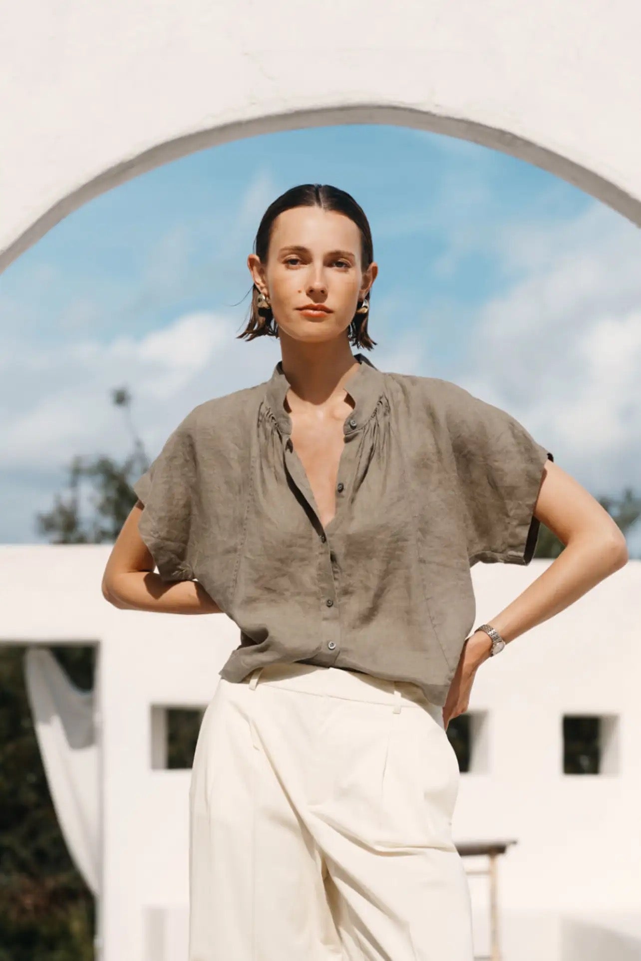 AYR Women Tan 100% Linen Short Sleeve Button Down Boxy Shirt | Size XS