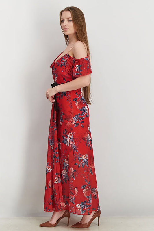 French Connection Red Floral Asymmetrical Sleeve Strappy Dress | Size 10