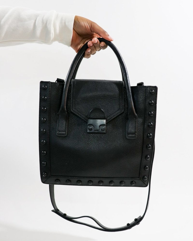 Loeffler Randall Black Pebbled Leather East West Studded Work Tote Bag