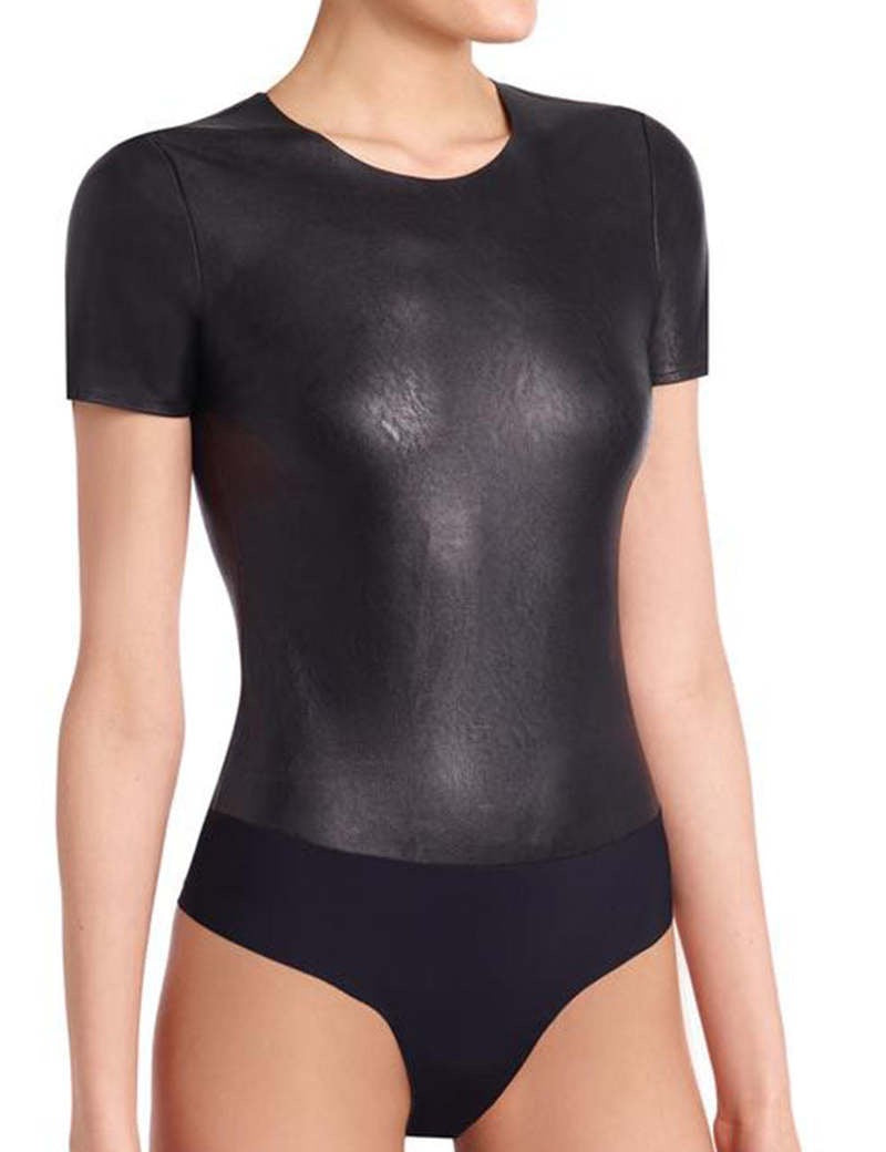 Commando Faux Leather Short Sleeve T-Shirt Bodysuit in Black | Size Medium