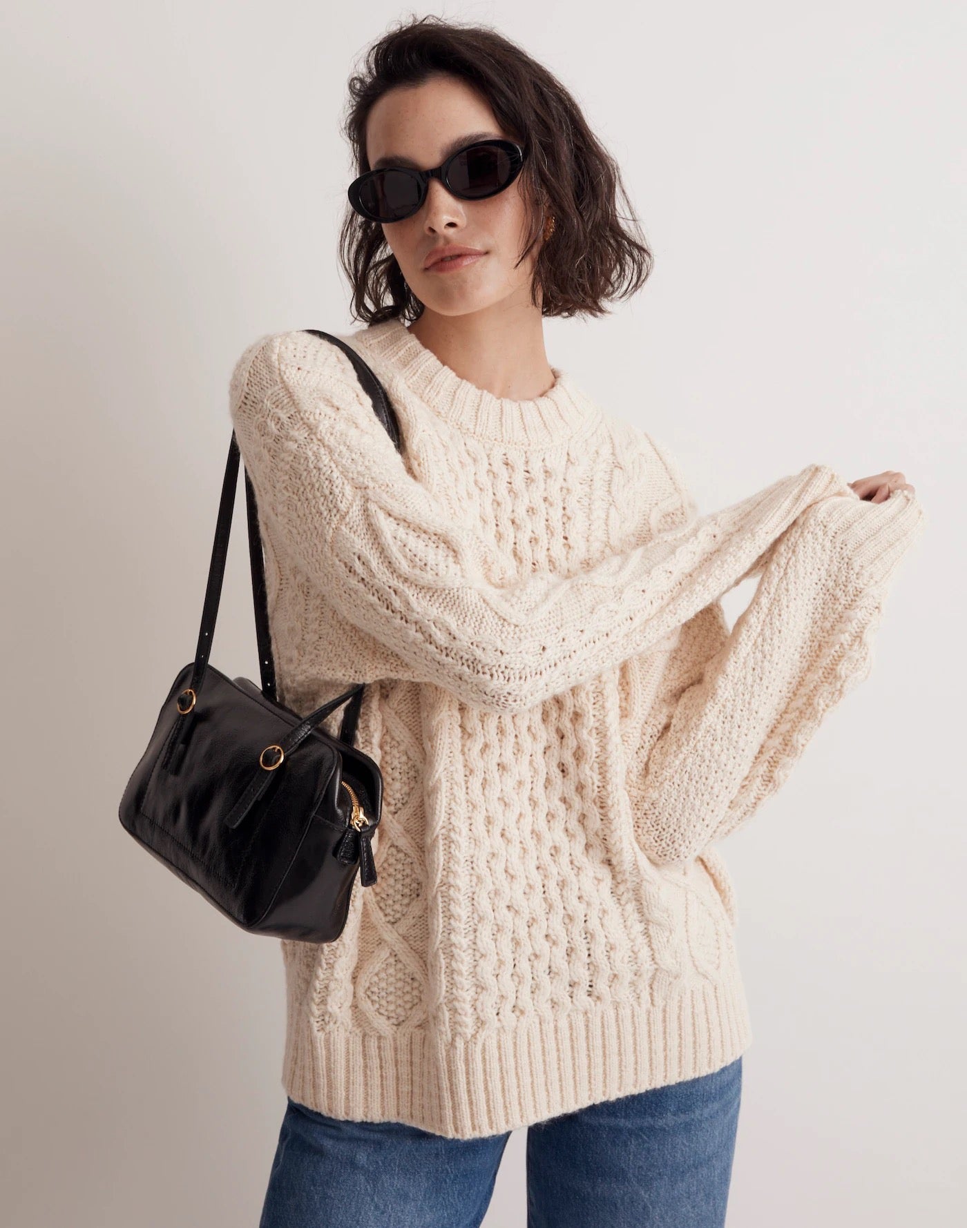 Madewell Cable-Knit Oversized Sweater in Antique Cream | Size Medium