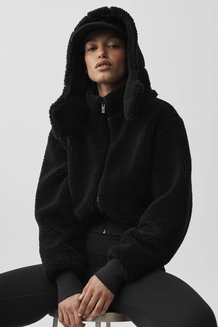 Alo Yoga Black Foxy Sherpa Jacket Cropped Hooded Jacket | Size Medium