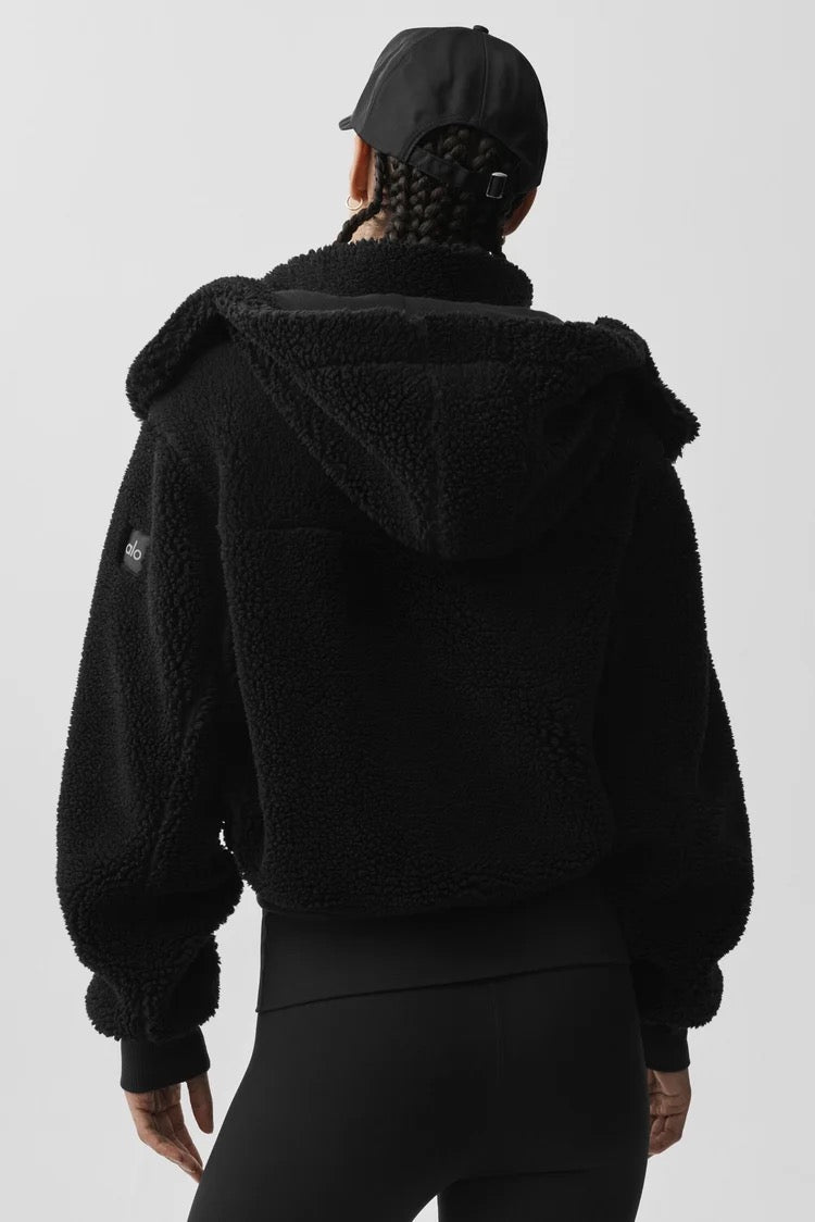 Alo Yoga Black Foxy Sherpa Jacket Cropped Hooded Jacket | Size Medium
