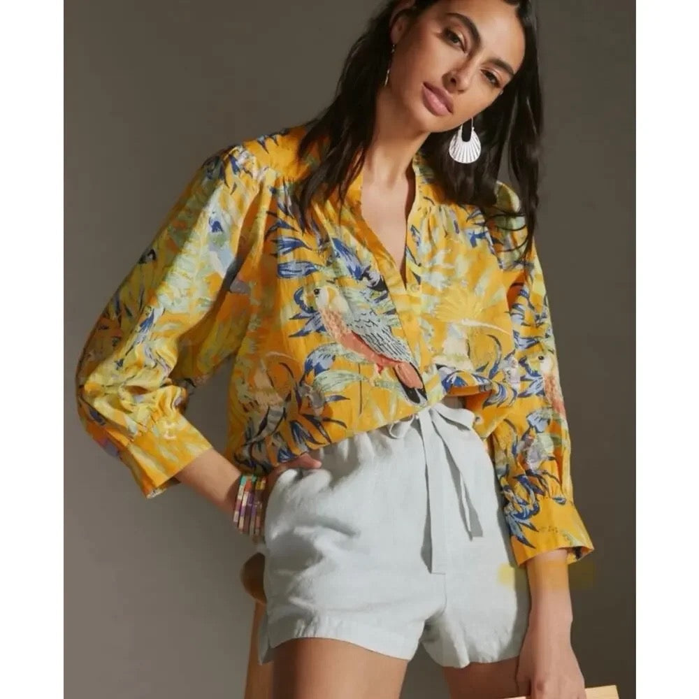 Maeve by Anthropologie Puff Sleeve Tropical Bird Blouse | Size Small