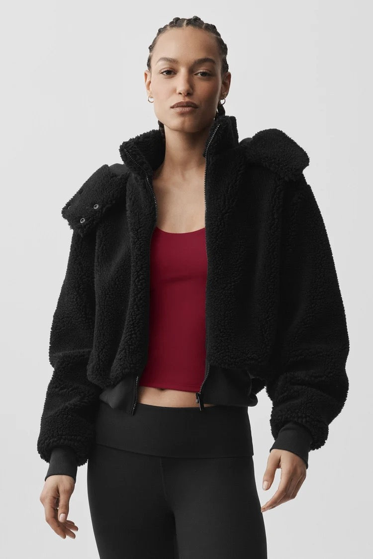 Alo Yoga Black Foxy Sherpa Jacket Cropped Hooded Jacket | Size Medium