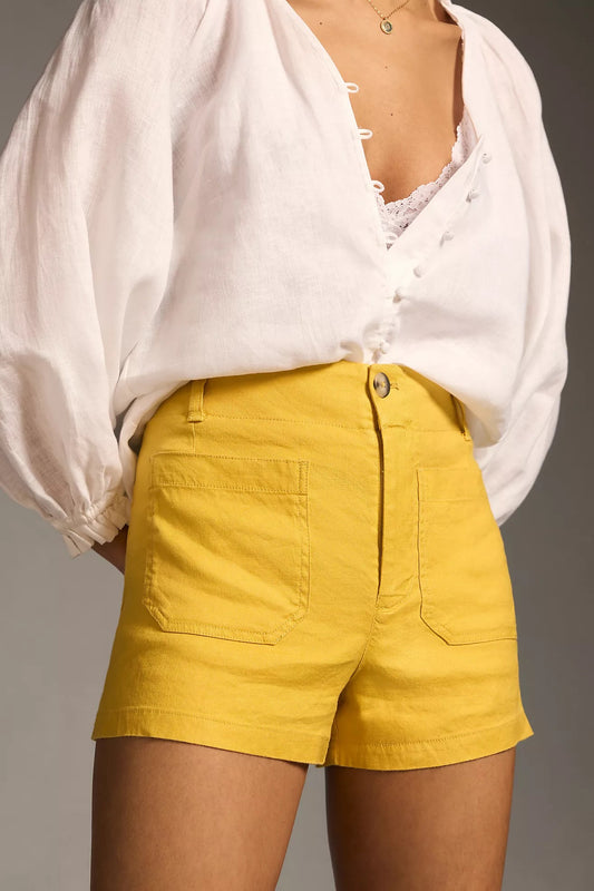Anthropologie Maeve Colette European Linen Stretch Shorts in Yellow | Size 31