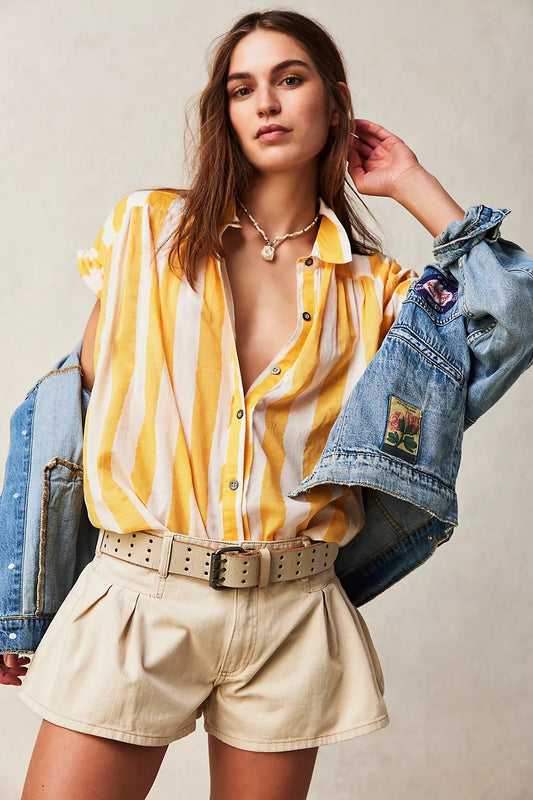 Free People x We The Free Float Away Stripe Shirt in Yellow and White | Size XS