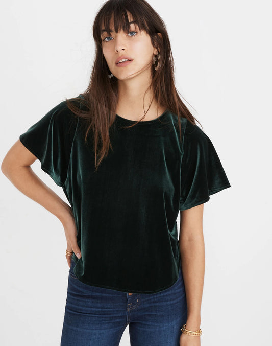 Madewell Velvet Butterfly Top in Smoky Spruce Green | Size XS