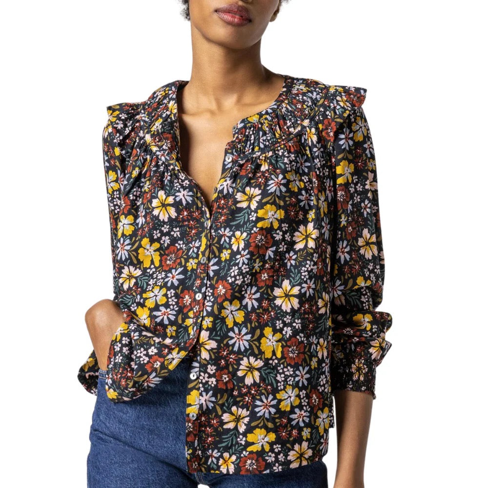 Lilla P Smocked Cuff Ruffle Button Front Blouse in Black Floral | Size Small