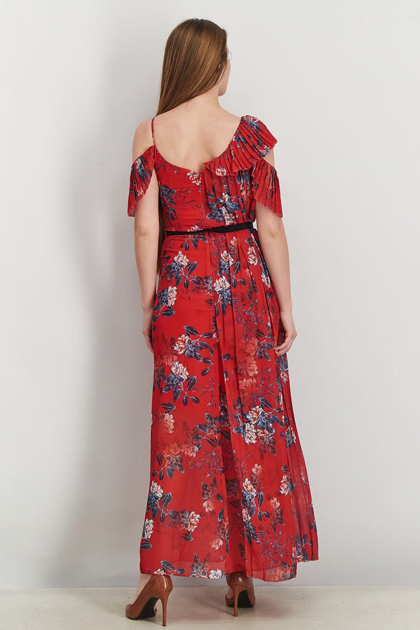French Connection Red Floral Asymmetrical Sleeve Strappy Dress | Size 10
