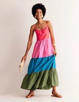 Boden Colorblock Tiered Maxi Dress in Red, Pink, Blue, and Green | Size 12