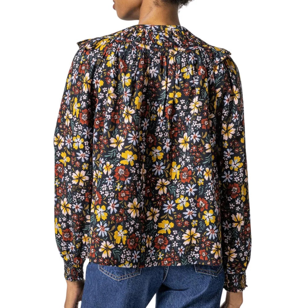 Lilla P Smocked Cuff Ruffle Button Front Blouse in Black Floral | Size Small