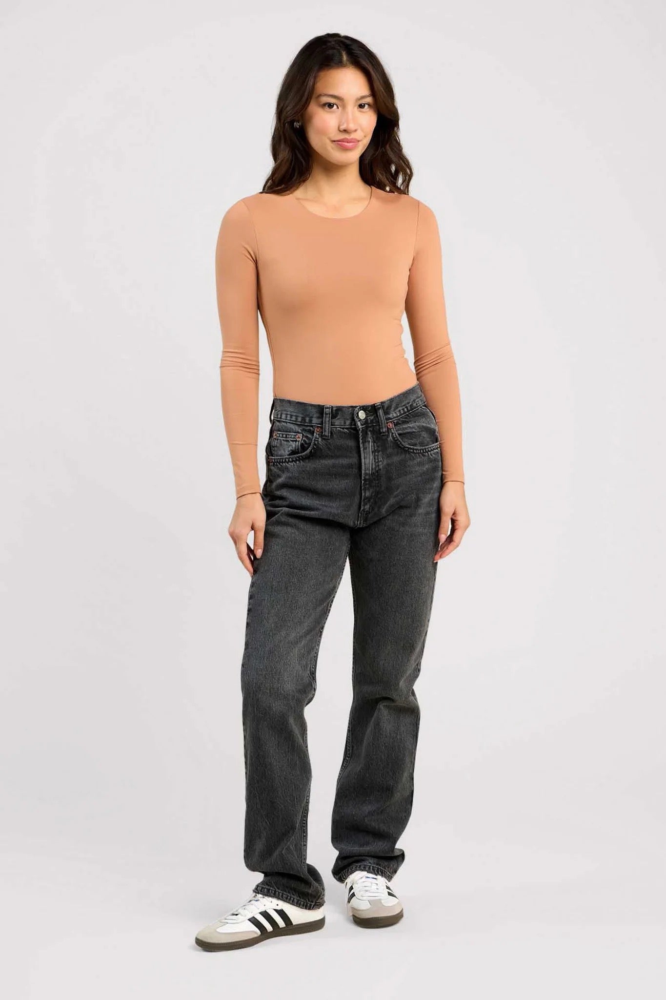 Nuuds Long Sleeve Crew Neck Thong Bodysuit in Clay | Size Medium