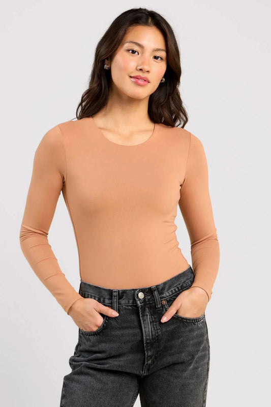 Nuuds Long Sleeve Crew Neck Thong Bodysuit in Clay | Size Medium