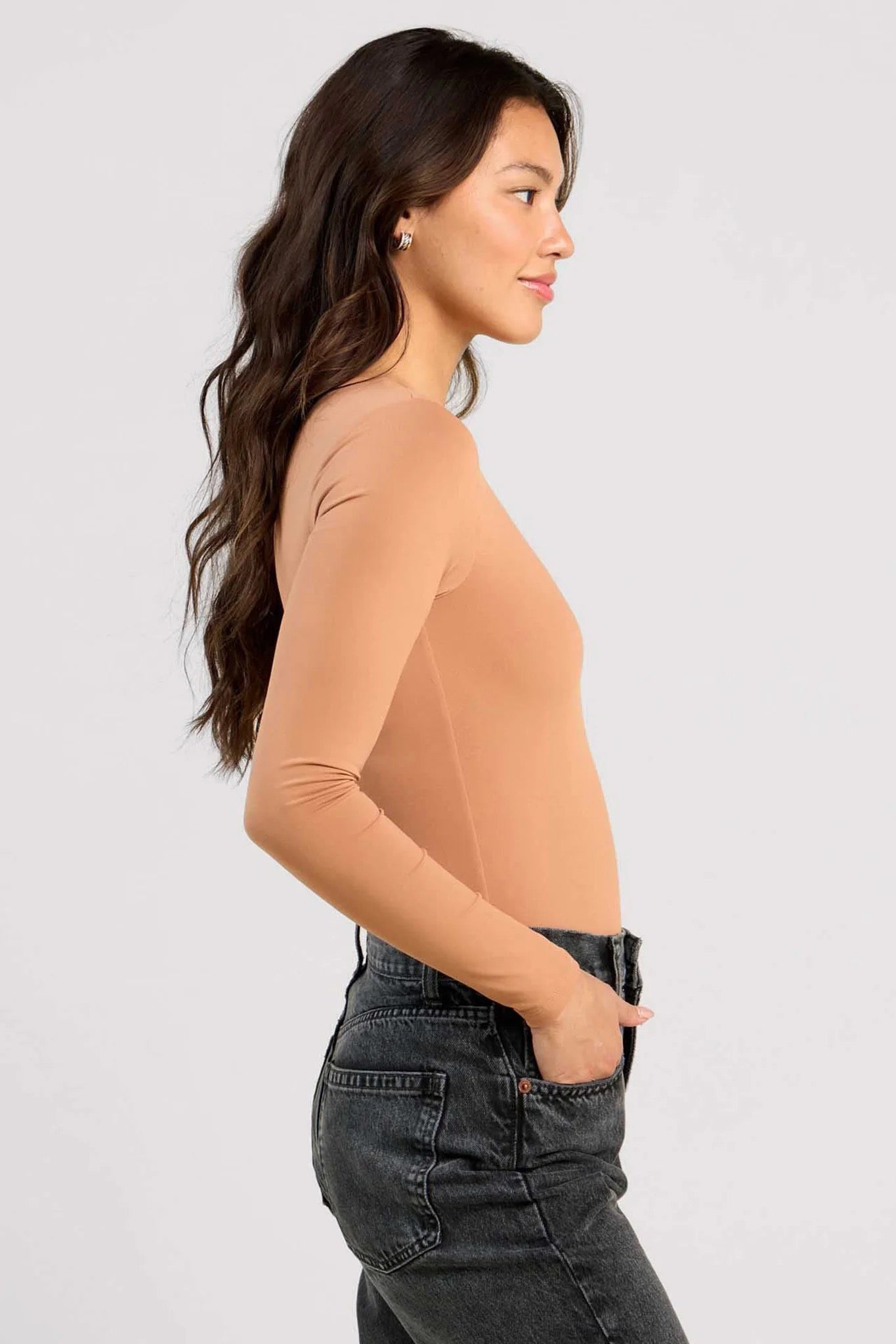 Nuuds Long Sleeve Crew Neck Thong Bodysuit in Clay | Size Medium