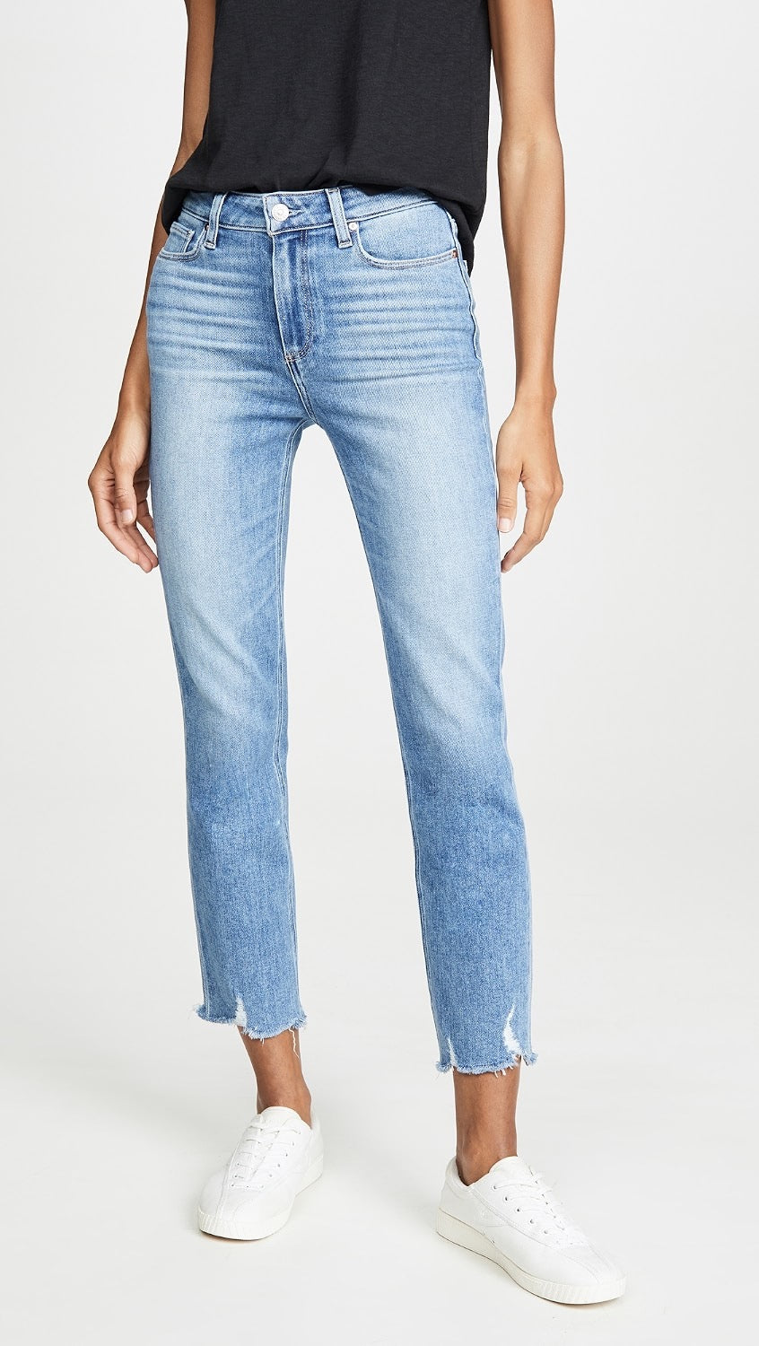 Paige Cindy High Rise Straight Leg Jeans in Blue with Raw Hem | Size 28