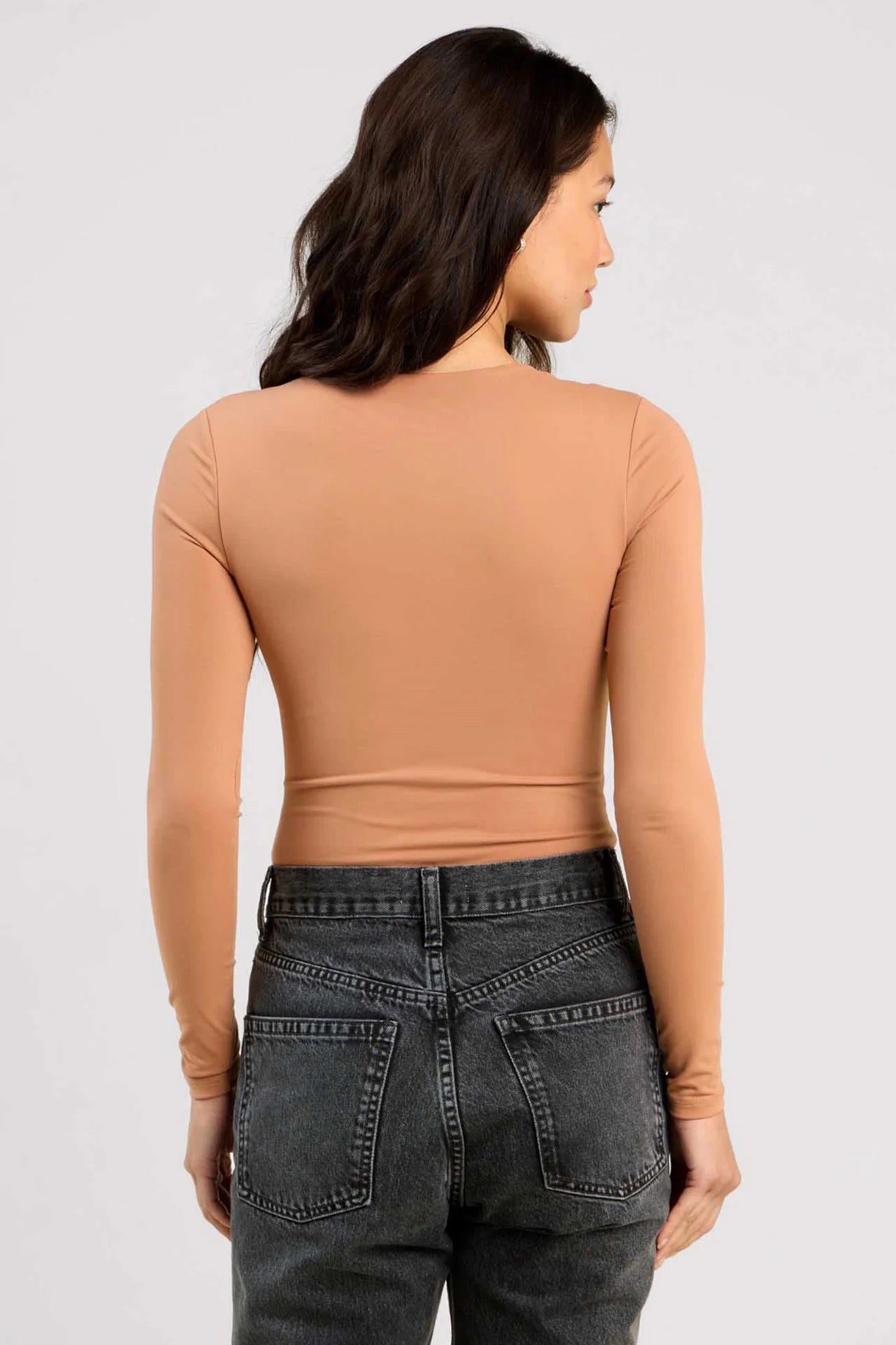 Nuuds Long Sleeve Crew Neck Thong Bodysuit in Clay | Size Medium