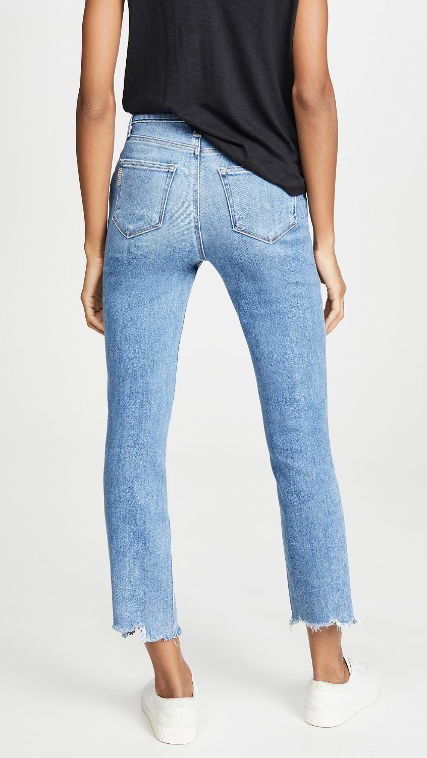 Paige Cindy High Rise Straight Leg Jeans in Blue with Raw Hem | Size 28