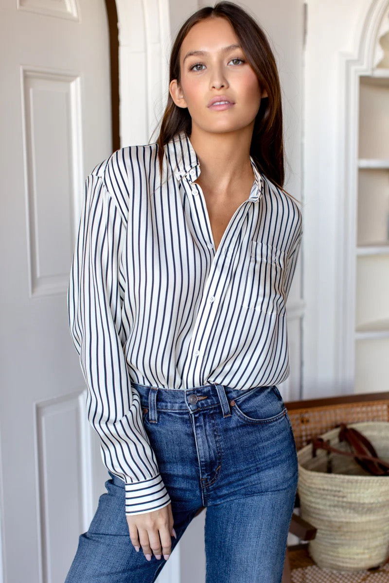 NWT Emerson Fry Silk Ryan Shirt in Ivory and Blue Stripe | Size Large