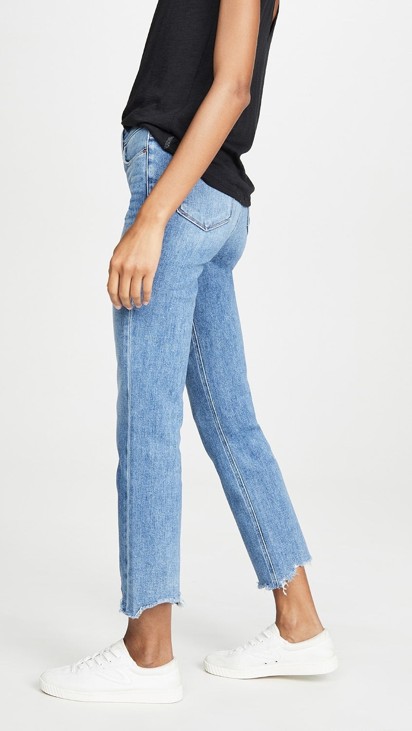 Paige Cindy High Rise Straight Leg Jeans in Blue with Raw Hem | Size 28