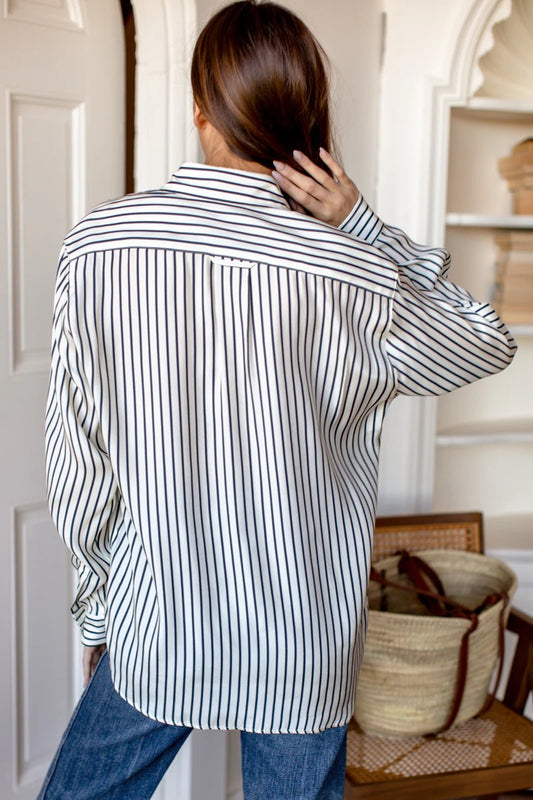 NWT Emerson Fry Silk Ryan Shirt in Ivory and Blue Stripe | Size Large