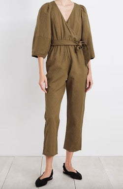 Apiece Apart Meru Wrap Linen and Cotton Olive Green Jumpsuit | Size 6