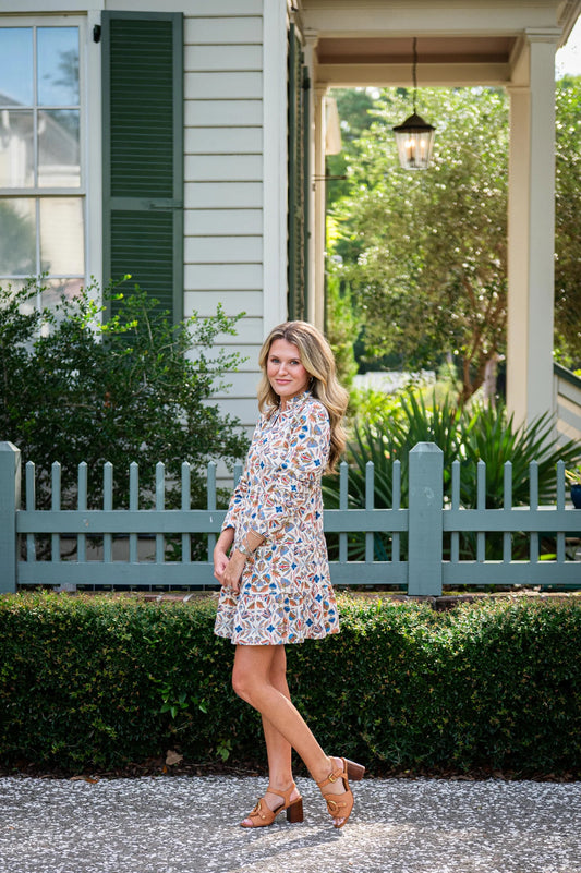 Sail To Sable Geo Floral Print Long Sleeve Tunic Flare Dress | Size Large