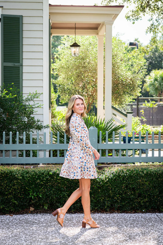 Sail To Sable Geo Floral Print Long Sleeve Tunic Flare Dress | Size Large